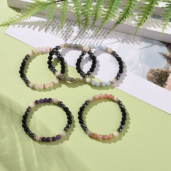 

PandaHall Round Gemstone Stretch Bracelets Sets, Brass Rhinestone Beaded Bracelets for Women, Inner Diameter: 2-1/8 inch~2-1/4 inch...