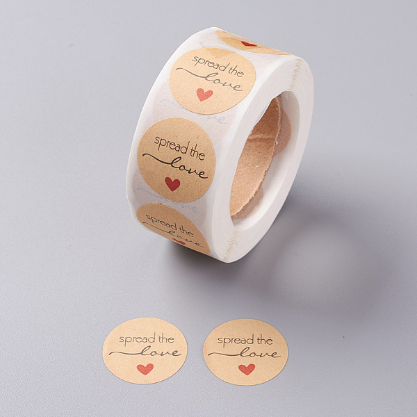 

PandaHall DIY Scrapbook, Decorative Adhesive Tapes, Flat Round with Word Spread the Love, BurlyWood, 25mm, about 500pcs/roll Paper Word..., Orange