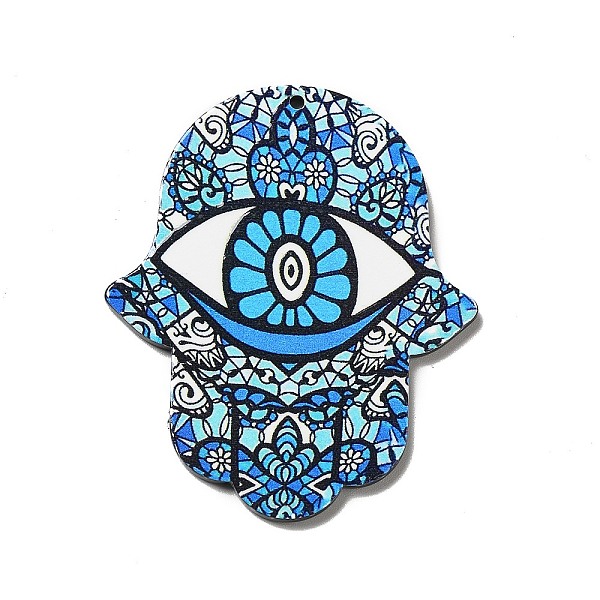 PandaHall Opaque Acrylic Pendants, Hamsa Hand/Hand of Miriam Charm, Evil Eye Pattern, 52.5x43.5x2mm, Hole: 1.6mm Acrylic Evil Eye