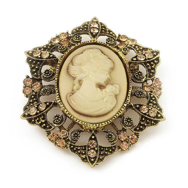 PandaHall Alloy Rhinestone Brooch for Clothes Backpack, with Resin, Flower with Women, Antique Golden, 58x48x13.5mm Alloy+Rhinestone Flower