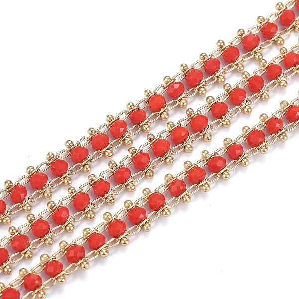 

PandaHall Brass Handmade Faceted Glass Beaded Chains, with Spool, Soldered, Long-Lasting Plated, Real 18K Gold Plated, Rondelle, Orange Red...