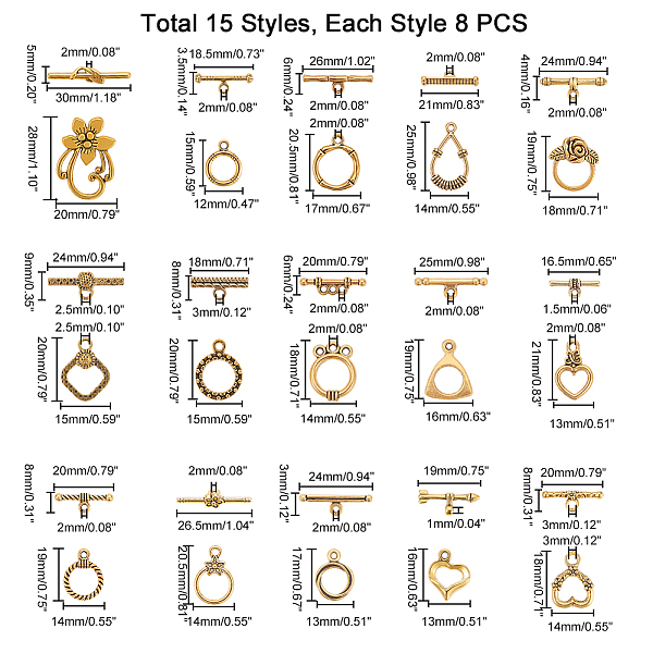 

PandaHall 120 Sets 15 Styles Tibetan Style Toggle Clasps T-bar Closure Clasps IQ Toggle Clasps TBar Clasps Findings Jewelry Making for...