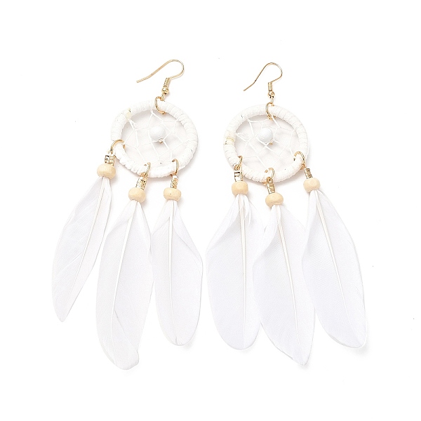 

PandaHall Feather Woven Net Chandelier Earrings, Alloy Long Tassel Drop Earrings for Women, White, 126mm, Pin: 0.6mm Feather White