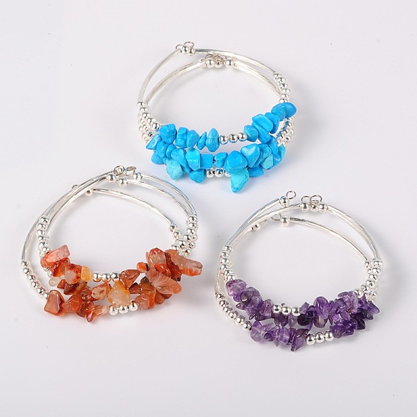 

PandaHall Gemstone Chip Bead Cuff Bracelets, with Brass Tube Beads and Iron Round Beads, Silver Color Plated, Natural & Synthetic Mixed..., Multicolor
