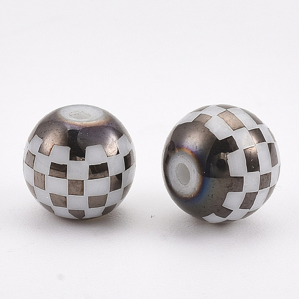 

PandaHall Electroplate Glass Beads, Plaid Beads, Round with Tartan Pattern, Coconut Brown, 8~8.5mm, Hole: 1.5mm Glass Tartan Brown