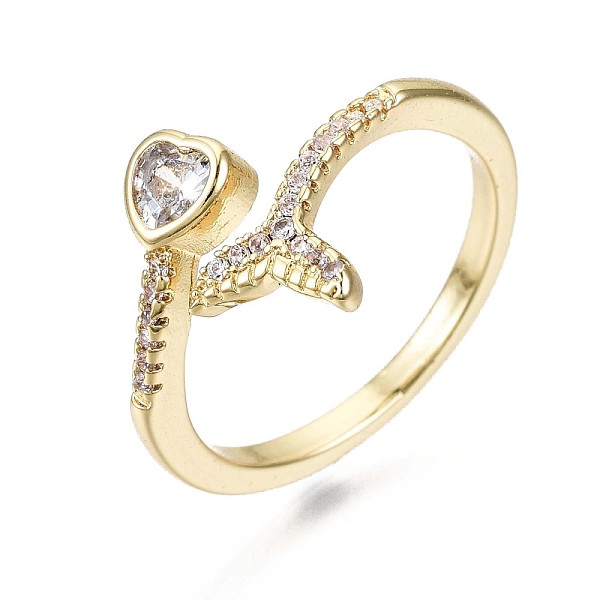 

PandaHall Brass Micro Pave Clear Cubic Zirconia Cuff Rings, Open Rings, Nickel Free, Fishtail with Heart, Real 16K Gold Plated, Inner...