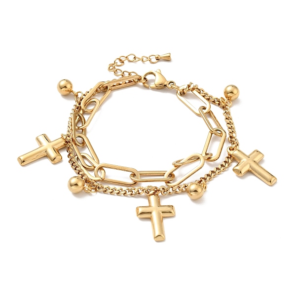 

PandaHall Cross and Round Ball Charm Multi-strand Bracelet, Vacuum Plating 304 Stainless Steel Double Layered Chains Bracelet for Women...