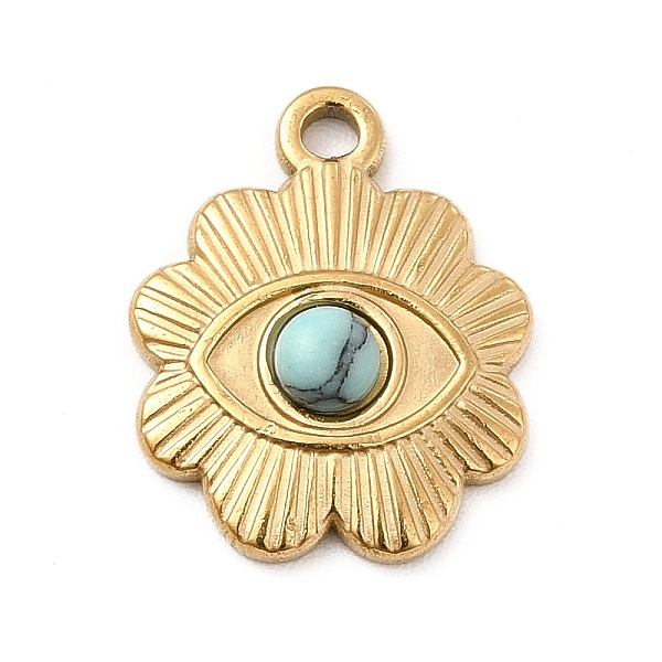 

PandaHall Synthetic Turquoise Pendants, Flower Charms with Eye, Ion Plating(IP) 304 Stainless Steel Findings, Golden, 16x13x3mm, Hole: 1.4mm...