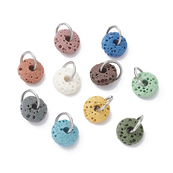 

PandaHall Natural Lava Rock Dyed Disc Charms, with 304 Stainless Steel Open Jump Rings, Stainless Steel Color, 8x3.2mm, Hole: 5x2mm Lava..., Multicolor