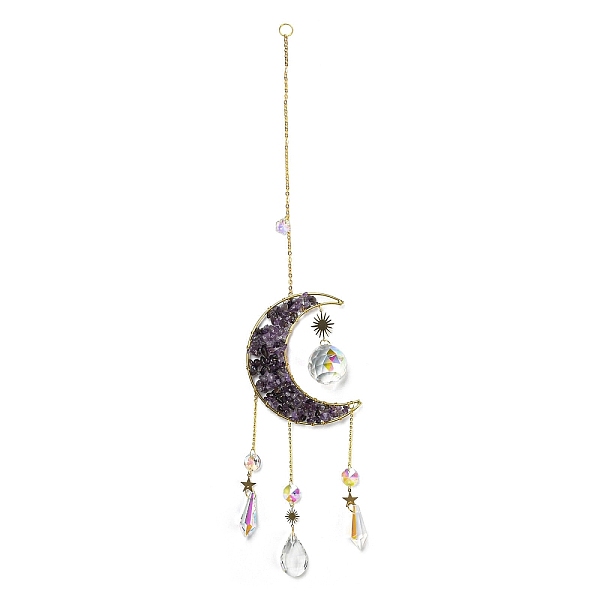 

PandaHall Wire Wrapped Natural Amethyst Chip Moon Pendant Decoration, with Glass Cone/Teardrop Charm and Brass Findings, for Home Hanging...