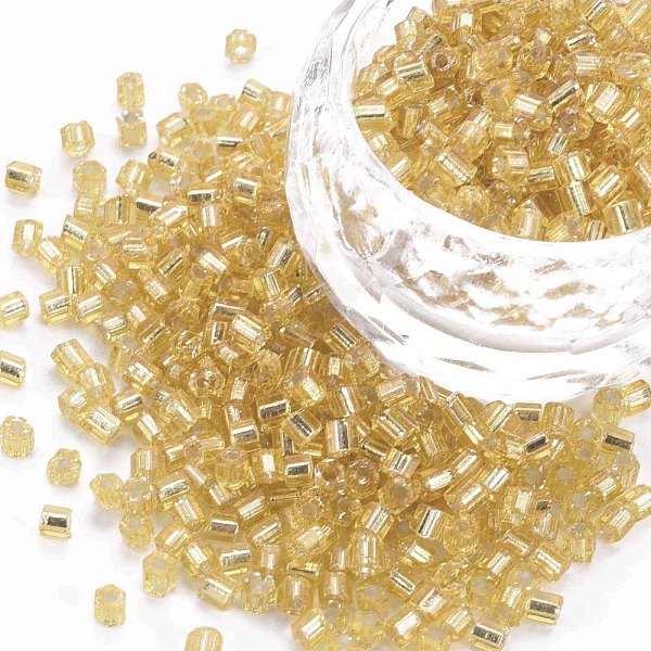 

PandaHall 8/0 Glass Bugle Beads, Silver Lined, Gold, 2.5~3x2.5mm, Hole: 1mm, about 15000pcs/pound Glass Gold