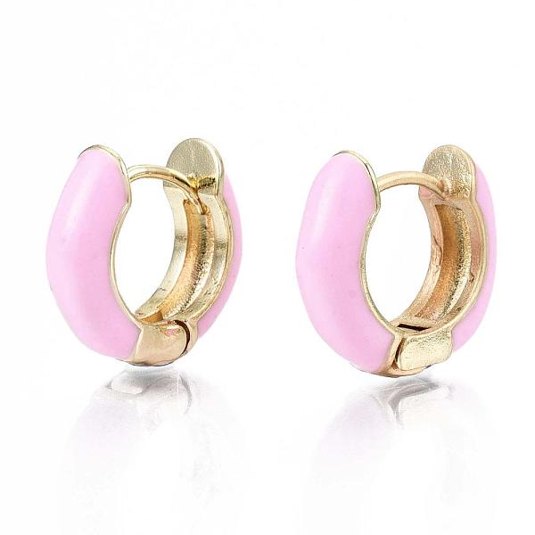 

PandaHall Brass Huggie Hoop Earrings, with Enamel, Real 18K Gold Plated, Pink, 14x15x5mm, Pin: 1x1mm Brass Pink