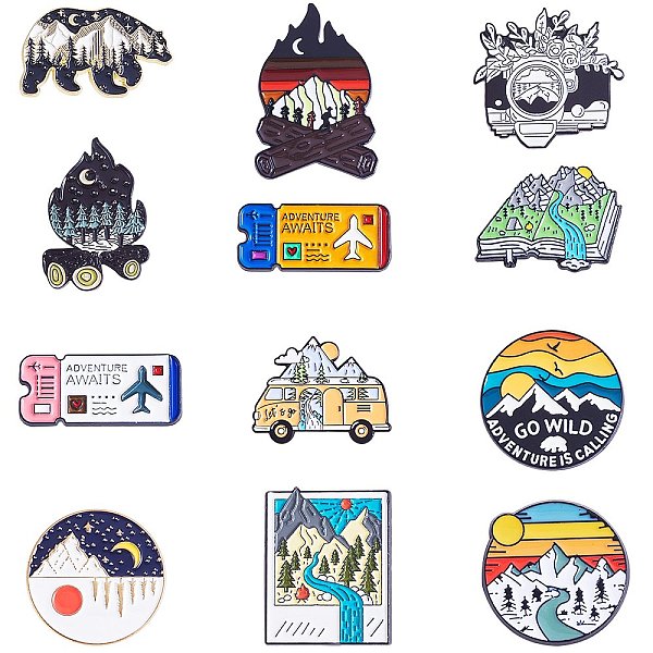 PandaHall 12Pcs 12 Style Sun & Moon & Book & Mountain & Plane Enamel Pins, Alloy Travel Themed Badges for Backpack Clothes, Mixed Color...