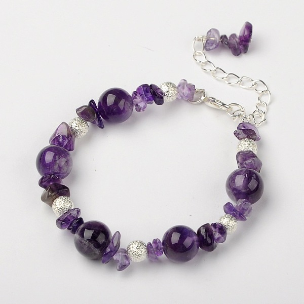 PandaHall Amethyst Bracelets, with Brass Textured Beads and Alloy Lobster Claw Clasps, Silver Color Plated, Amethyst, 185mm Amethyst Purple
