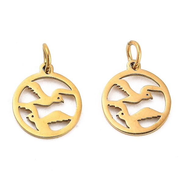 

PandaHall 304 Stainless Steel Charms, with Jump Ring, Flat Round Charm, Laser Cut, Golden, Bird, 13.5x11.5x1mm, Hole: 3.4mm 304 Stainless...