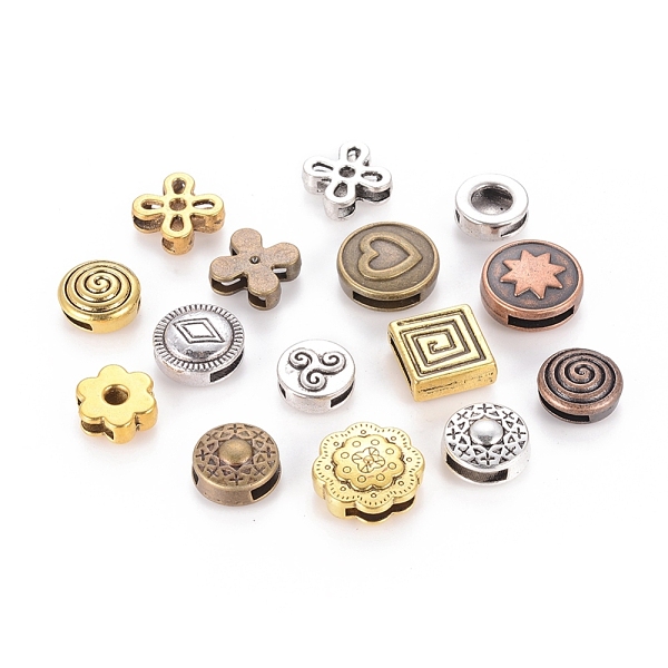 

PandaHall Tibetan Style Slide Charms, Mixed Shapes, Mixed Color, 10~19.5x8~16x2.5~5.5mm, Hole: 1.5~8x5~11mm. Alloy Mixed Shapes