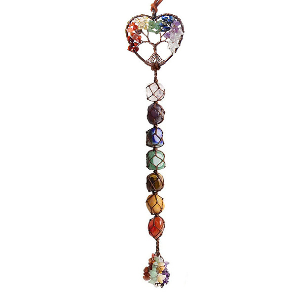 

PandaHall Chakra Theme Big Pendant Decorations, Hand Knitting with Natural Gemstone Beads and Stone Chips Tassel, Heart with Tree of Life...