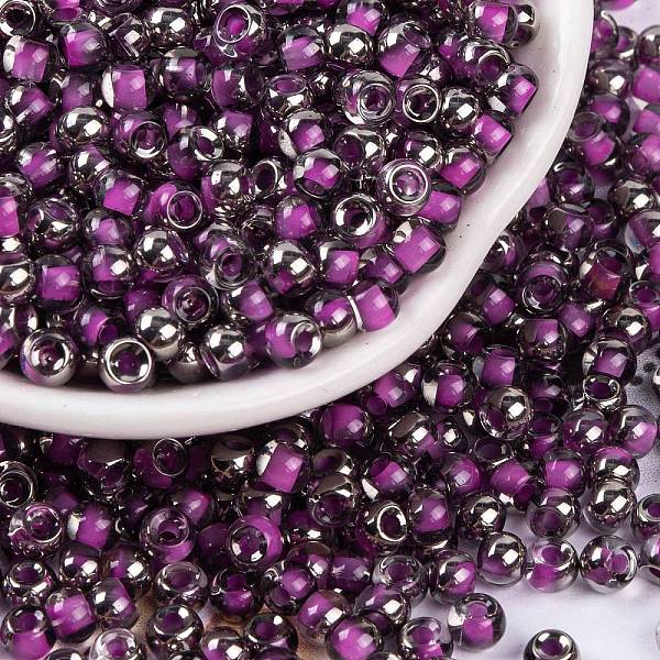 

PandaHall Glass Seed Beads, Inside Colours, Half Silver Plated, Round, Medium Orchid, 4x3mm, Hole: 1.2mm, 6428pcs/pound Glass