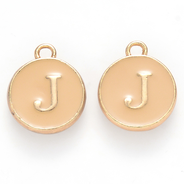 

PandaHall Golden Plated Alloy Enamel Charms, Cadmium Free & Lead Free, Enamelled Sequins, Flat Round with Letter, Wheat, Letter.J, 14x12x2mm..., Orange