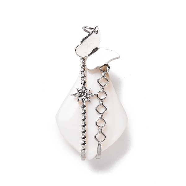 

PandaHall Natural White Shell Pendants, with Stainless Steel Color Plated 304 Stainless Steel Butterfly Findings, Teardrop, White...