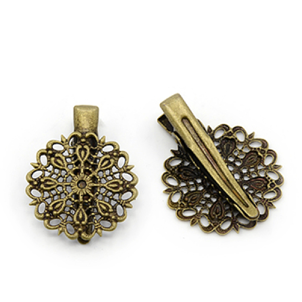 

PandaHall Alligator Hair Clip Findings, with Brass Filigree Trays and Iron Alligator Clips, Antique Bronze, 33~35x25x9mm Brass