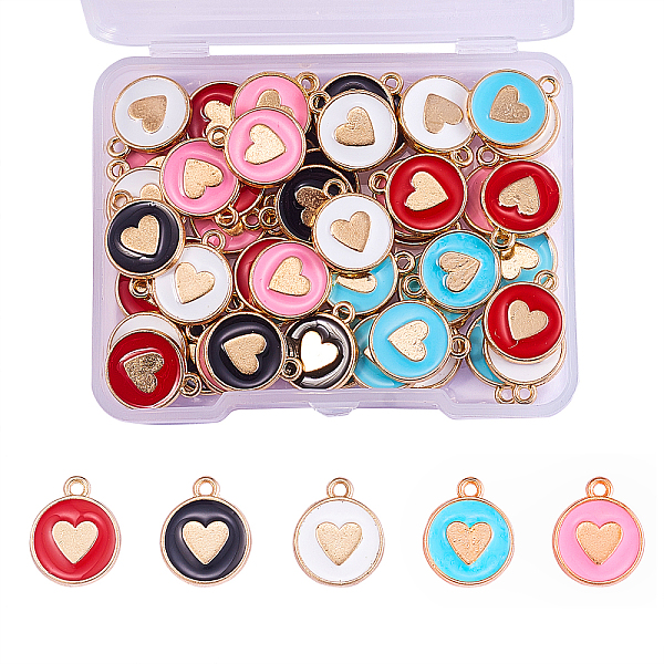

PandaHall 50Pcs 5 Colors Alloy Enamel Charms, Light Gold, Flat Round with Heart, Mixed Color, 14x11.5x2mm, Hole: 1.6mm, 10pcs/color..., Multicolor