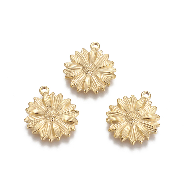 

PandaHall Vacuum Plating 304 Stainless Steel Pendants, Sunflower, Golden, 25.5x22x3.3mm, Hole: 2mm 304 Stainless Steel Flower