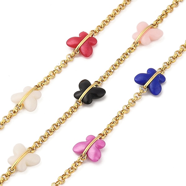 

PandaHall Ion Plating(IP) Butterfly 304 Stainless Steel with Resin Rolo Chains, Unwelded, with Spool, Real 18K Gold Plated, link: 2x2.5x1mm..., Multicolor