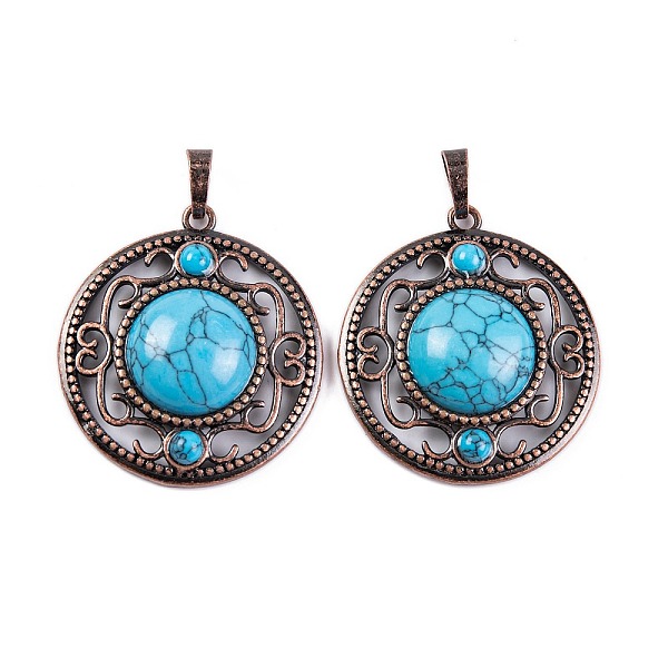 

PandaHall Synthetic Turquoise Pendants, Rack Plating Brass Hollow Flat Round Charms, Cadmium Free & Lead Free, Red Copper, 36.5x33x9.5mm...