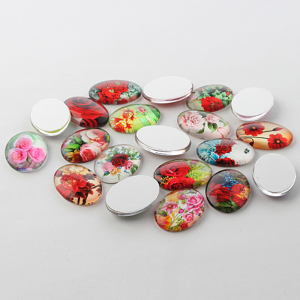 

PandaHall Multi-Color Flower Theme Ornaments Glass Oval Flatback Cabochons, Mixed Color, 25x18x6mm Glass Oval Multicolor