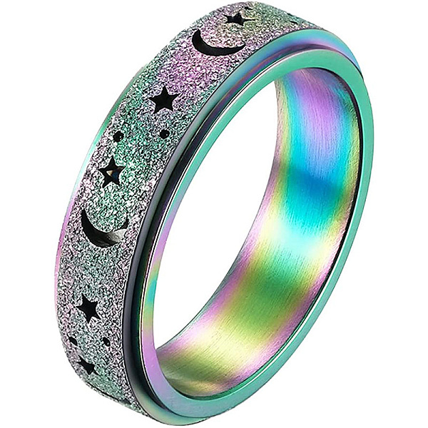 PandaHall Stainless Steel Moon and Star Rotatable Finger Ring, Spinner Fidget Band Anxiety Stress Relief Ring for Women, Rainbow Color, US...