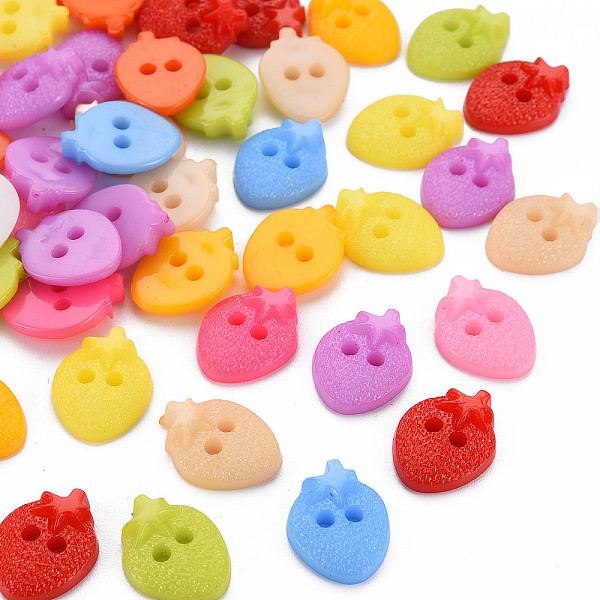 PandaHall 2-Hole Plastic Buttons, Strawberry, Mixed Color, 15.5x12x3.5mm, Hole: 2mm Plastic Fruit Multicolor