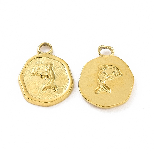 

PandaHall Ion Plating(IP) 304 Stainless Steel Pendants, Flat Round with Dolphin Charm, Real 18K Gold Plated, 16x13x2mm, Hole: 2mm 304...