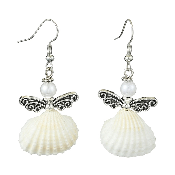 

PandaHall Alloy Fairy Wings Dangle Earrings, Natural Shell Drop Earrings, Antique Silver, 48x22mm Shell Angel & Fairy