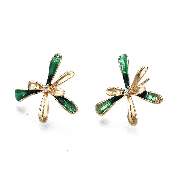 

PandaHall Brass Micro Pave Clear Cubic Zirconia Stud Earring Findings, with Enamel and Loop, Flower, Real 18K Gold Plated, 16x14mm, Hole..., Green