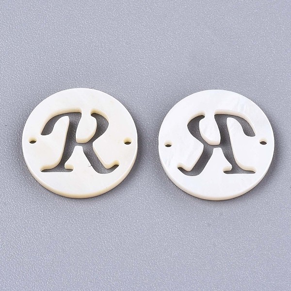 

PandaHall Natural Freshwater Shell Links Connectors, Flat Round with Letter, Letter.R, 14.5x1.5mm, Hole: 0.9mm Shell Letter R