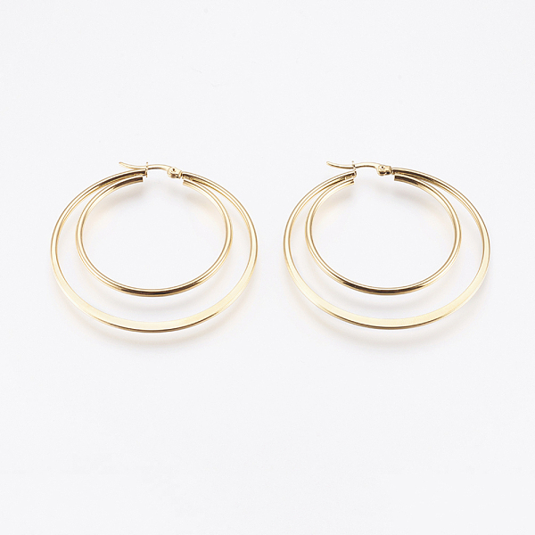 

PandaHall 201 Stainless Steel Hoop Earrings, with 304 Stainless Steel Pin, Hypoallergenic Earrings, Double Ring, Golden, 12 Gauge, 54x52x2mm...