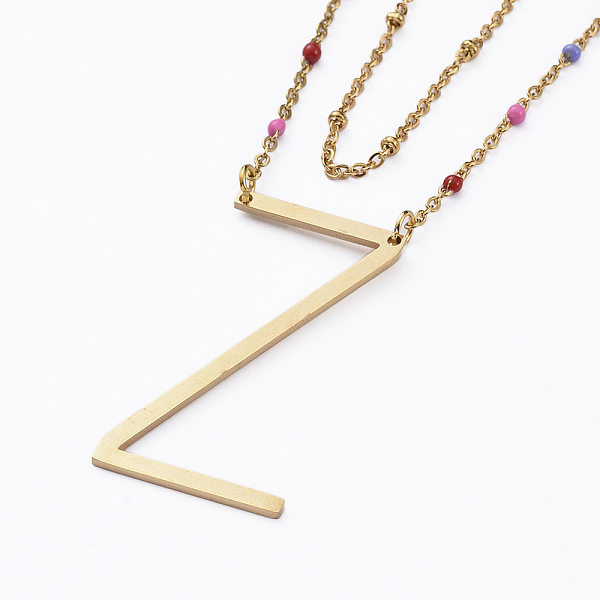 PandaHall 304 Stainless Steel Double Layer Necklaces, Pendant Necklaces, with Enamel, Cable Chains and Lobster Claw Clasps, Golden, Letter. Z