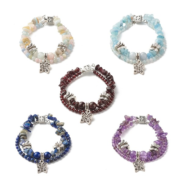 

PandaHall Mixed Stone Chip Beads Reiki Healing Multi-strand Bracelet, Butterfly Charm Double Layered Bracelet for Teen Girl Women, Antique...