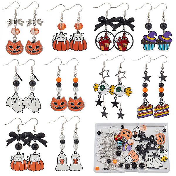 PandaHall SUNNYCLUE Halloween Day Earring Making Kit, Including Glass Pumpkin & Round Beads, Star & Hat & Castle & Ghost Alloy Enamel...