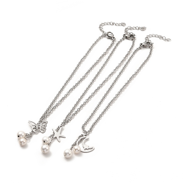 

PandaHall CCB Pearl & 304 Stainless Steel Charm Anklet for Women, Mixed Patterns, Pendant: 11~15x11~14.5x0.5mm, 9 inch(22.8cm) Stainless..., White