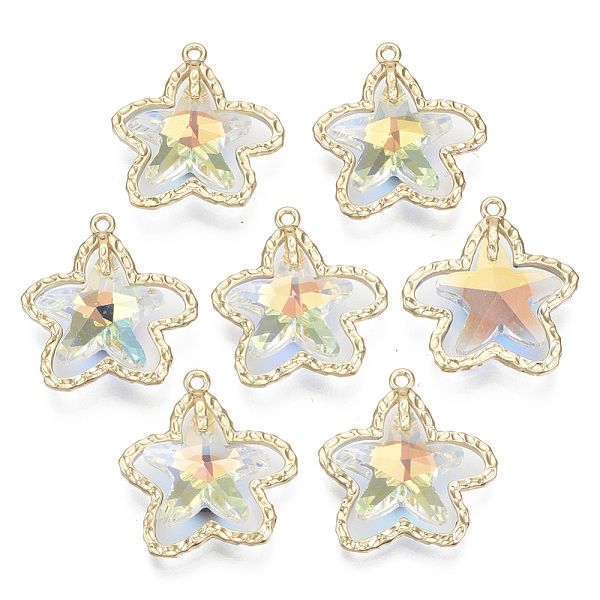 

PandaHall Glass Rhinestone Pendants, with Light Gold Plated Brass Open Back Settings, Starfish, Crystal AB, 25x24x7mm, Hole: 1.6mm..., Clear