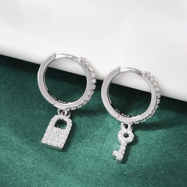Lock  Key 925 Sterling Silver Micro Pave Clear Cubic Zirconia Hoop Earrings for Women