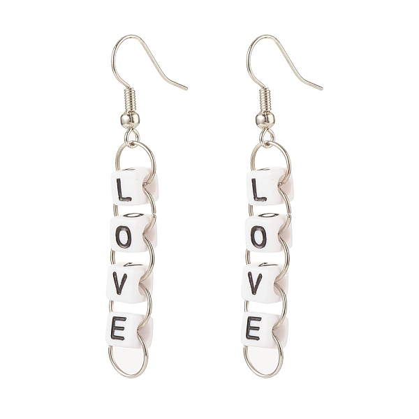 

PandaHall Acrylic Cube Love Letter Beaded Dangle Earrings, Brass Jewelry for Women, White, 55mm, Pin: 0.6mm Acrylic Letter White