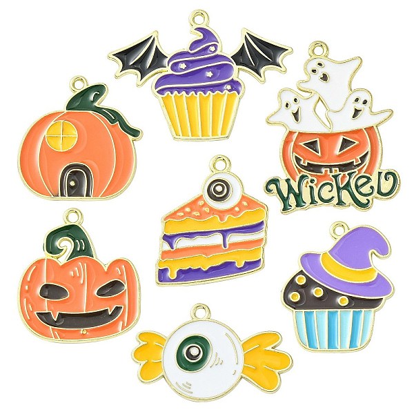 PandaHall 35Pcs 7 Styles Halloween Alloy Enamel Pendant, Pumpkin Jack-O'-Lantern & Candy & Bat with Cake, Orange, 16~28.5x17~30x1mm, Hole...