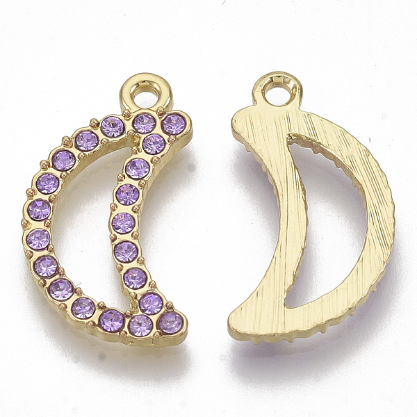 

PandaHall Light Gold Plated Alloy Rhinestone Pendants, Moon, Light Amethyst, 21x12x2mm, Hole: 1.6mm Alloy+Rhinestone Moon Purple