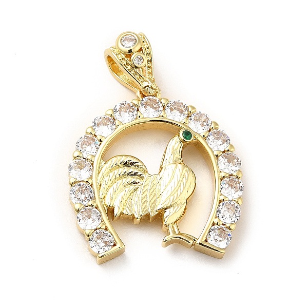 

PandaHall Brass Micro Pave Cubic Zirconia Pendants, Long-Lasting Plated, Real 18K Gold Plated, Horseshoe with Rooster, Clear, 27x25x5mm...
