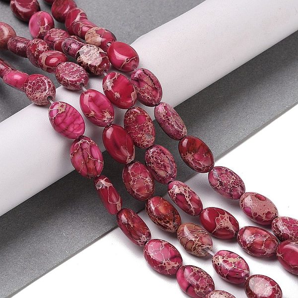 

PandaHall Natural Imperial Jasper Beads Strands, Dyed, Oval, Crimson, 11~12.5x8~9x4.5~5mm, Hole: 1.2mm, about 34~35pcs/strand, 15.55~16.02''..., Pink