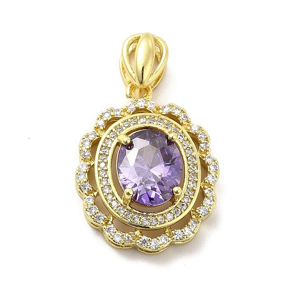 

PandaHall Brass Micro Pave Clear Cubic Zirconia Pendants, with Lilac Glass, Oval Charm, Real 18K Gold Plated, 28mm, Hole: 6x2.5mm..., Purple