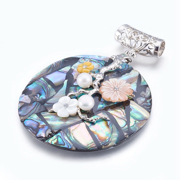 

PandaHall Abalone Shell/Paua Shell Big Pendants, with Brass Findings, Flat Round with Flower, Platinum, 82.5x61x7.5mm, Hole: 7x8mm Paua...